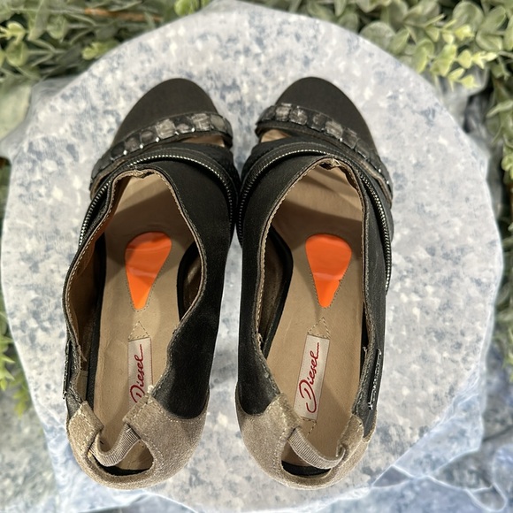 Diesel Palma Fossil Taupe Pewter Open Toe Suede/Satin Bootie Heels WMS 7M✨EUC✨ - Picture 6 of 11